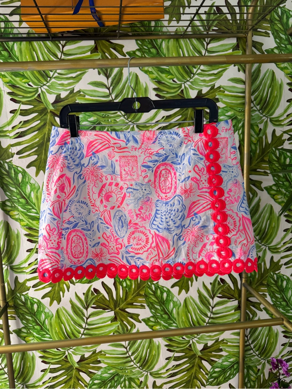 Lilly Pulitzer Pink and Blue Floral Mini Skirt with Coral Trim